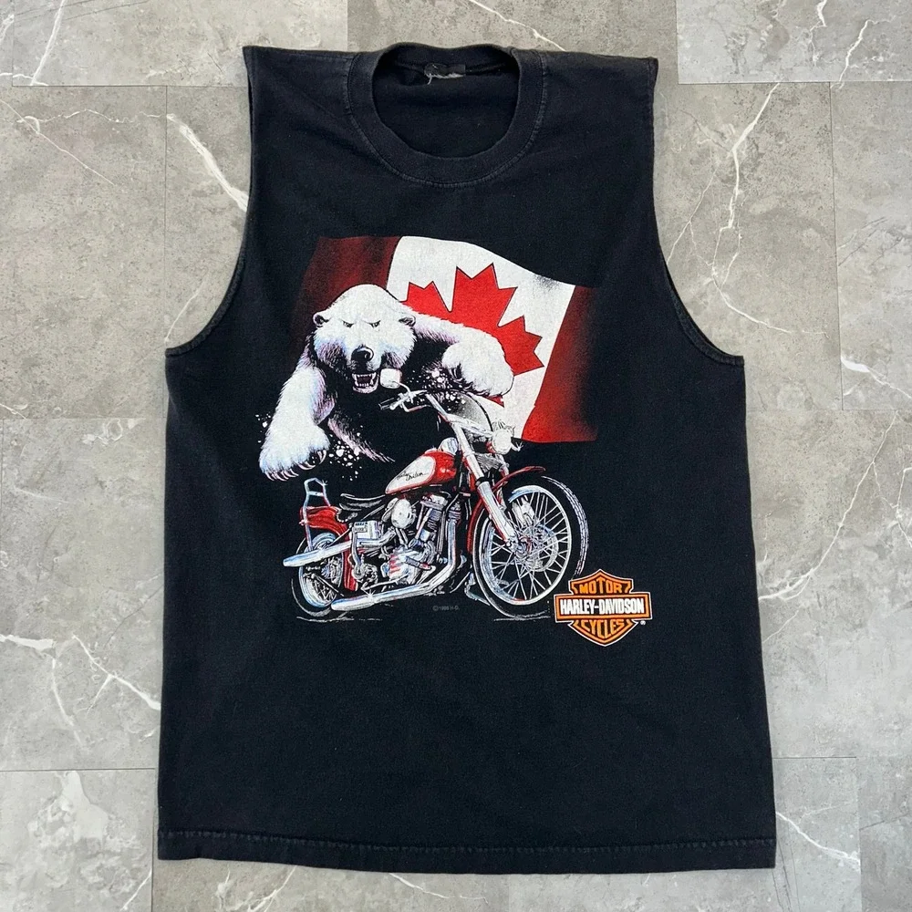 90s Vintage Harley Davidson Graphic Tee Mens Large Sleeveless Canada Polar Bear